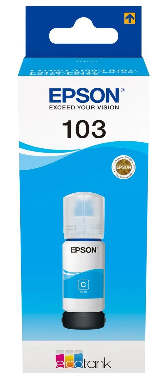 Контейнер з чорнилом Epson 103 EcoTank L1110/L1250/L3100/L3101/L3110/L3150/L3151/L3156/L3200/L3201/L3250/L3251/L3256/L3260/L3266/L3550/L3560/L5190/L5590/L5290  cyan