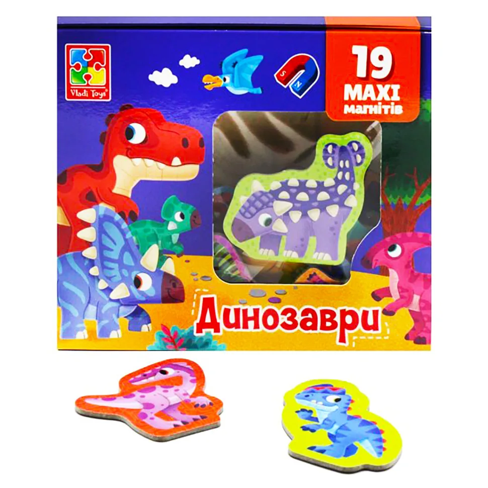 Набір магнітів Vladi Toys 19 шт щільні 6 см динозаври