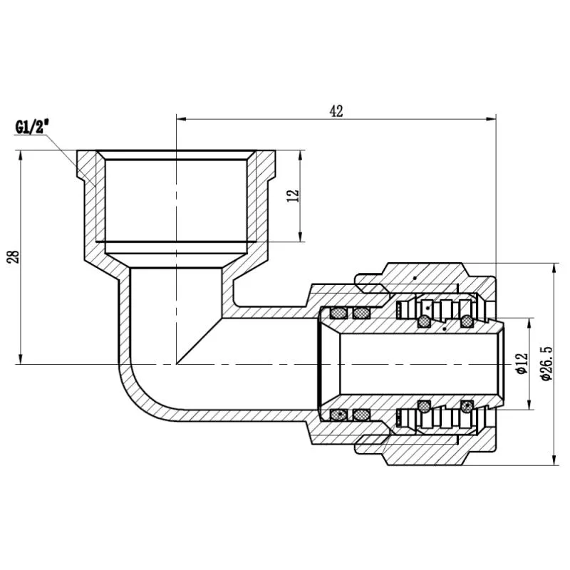 Кут обтискний 16x1/2" латунь нікельований для водопостачання Forte