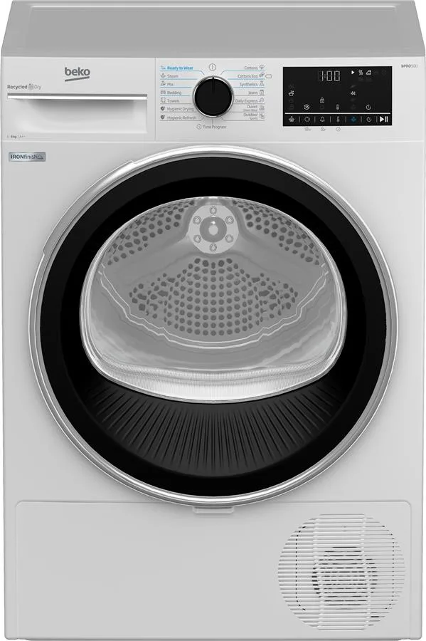 Сушильна машина Beko з тепловим насосом, 9 кг, клас енергоефективності A++, 60 см, з дисплеєм та підсвіткою барабана, біла.