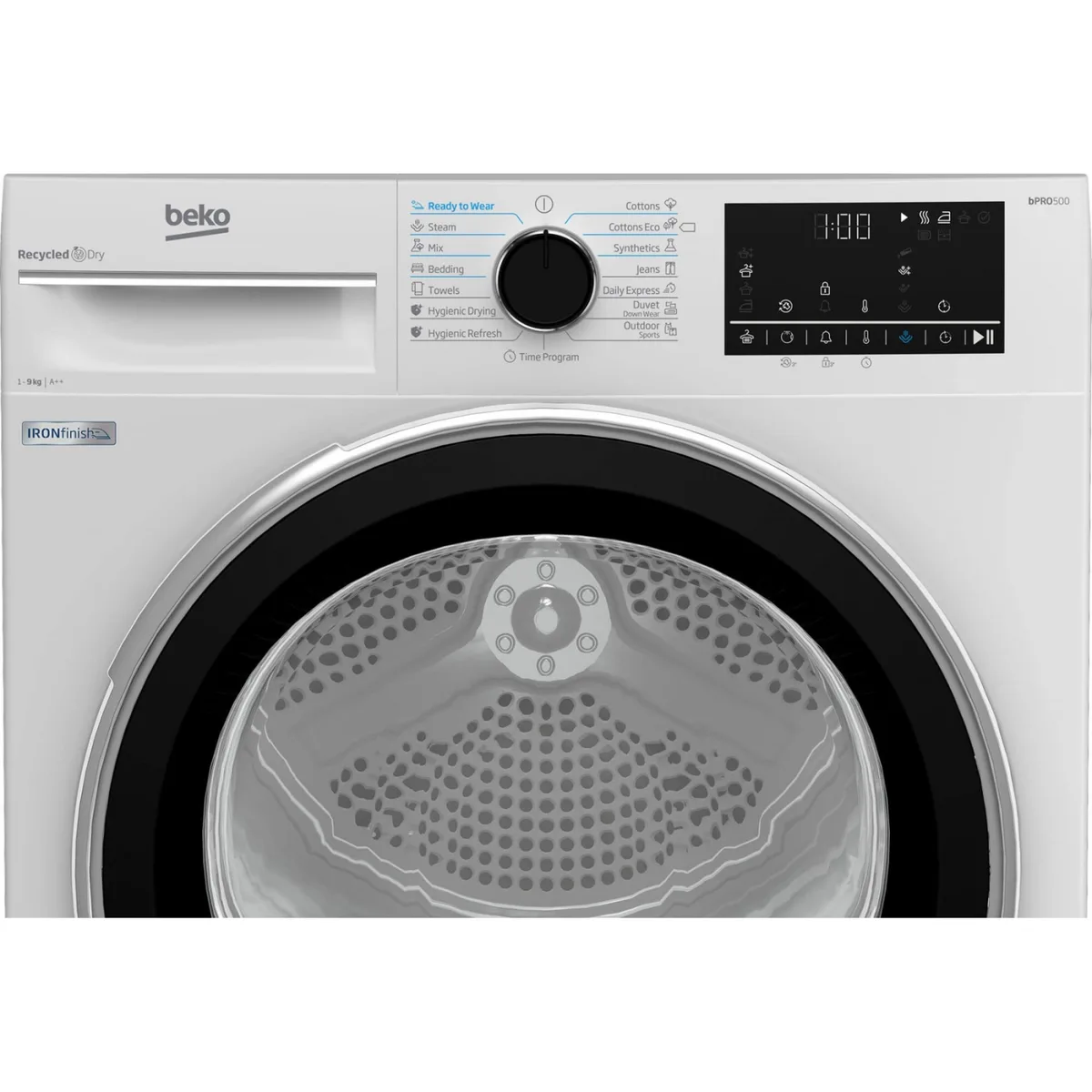 Сушильная машина Beko с тепловым насосом, 9 кг, класс энергоэффективности A++, 60 см, с дисплеем и подсветкой барабана, белая