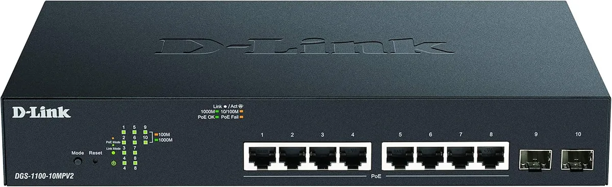 Комутатор D-Link DGS-1100-10MPV2 8xGE PoE 2xSFP, 130Вт, EasySmart