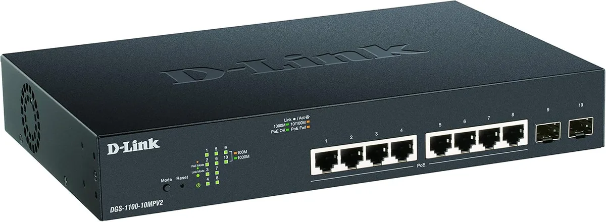 Комутатор D-Link DGS-1100-10MPV2 8xGE PoE 2xSFP, 130Вт, EasySmart