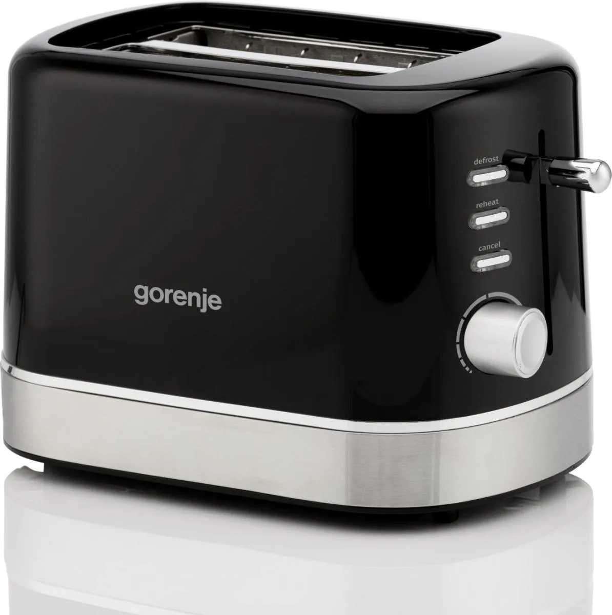 Тостер Gorenje 850 Вт з функціями підігріву та розморожування, пластиковий корпус, чорний колір.