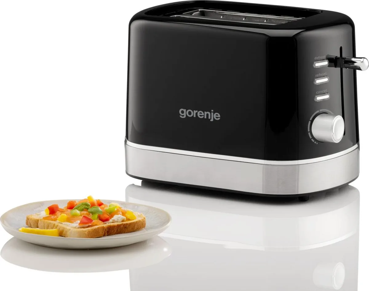 Тостер Gorenje 850 Вт з функціями підігріву та розморожування, пластиковий корпус, чорний колір.