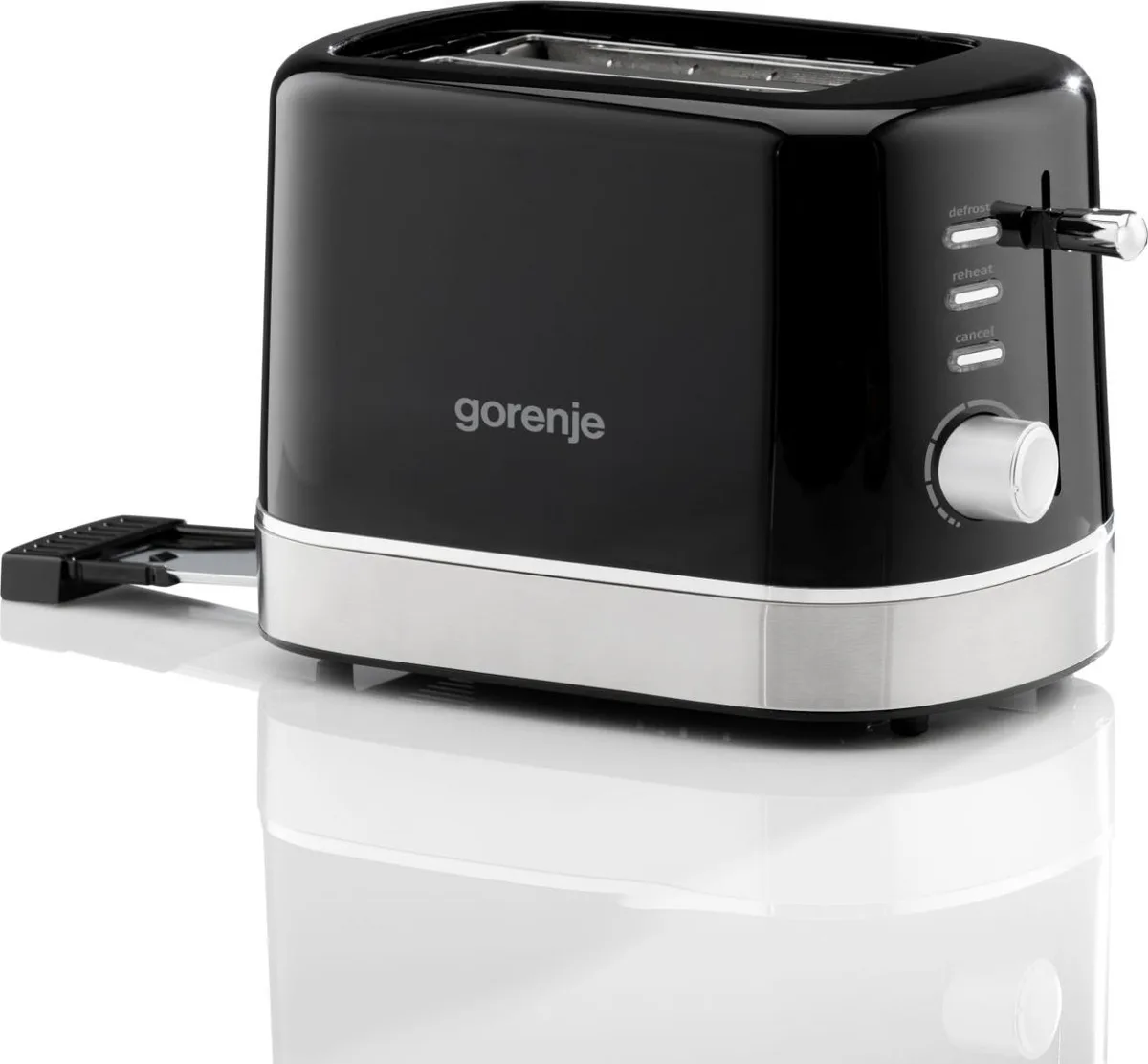 Тостер Gorenje 850 Вт з функціями підігріву та розморожування, пластиковий корпус, чорний колір.