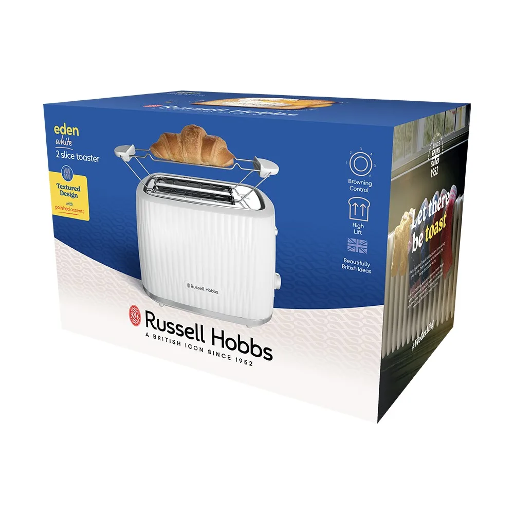 Тостер Russell Hobbs Eden 800 Вт, пластиковий, функції підігріву та розморожування, білий.