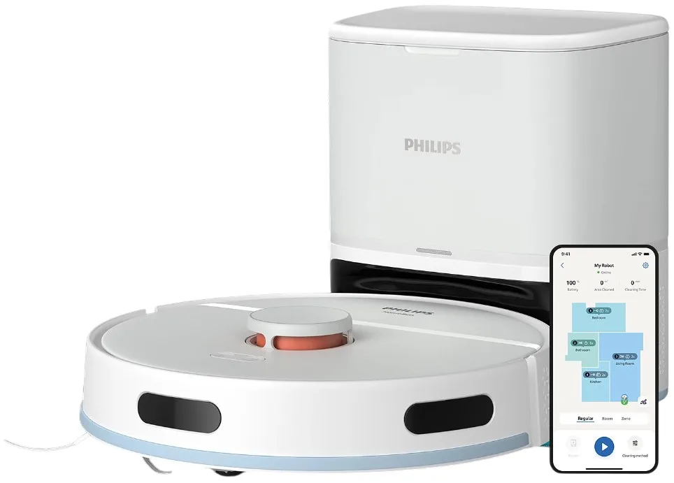 Робот-пилосос Philips Series 2000, висота 9.7 см, функція вологого прибирання, об'єм контейнера для бруду - 0.38 л, об'єм для води