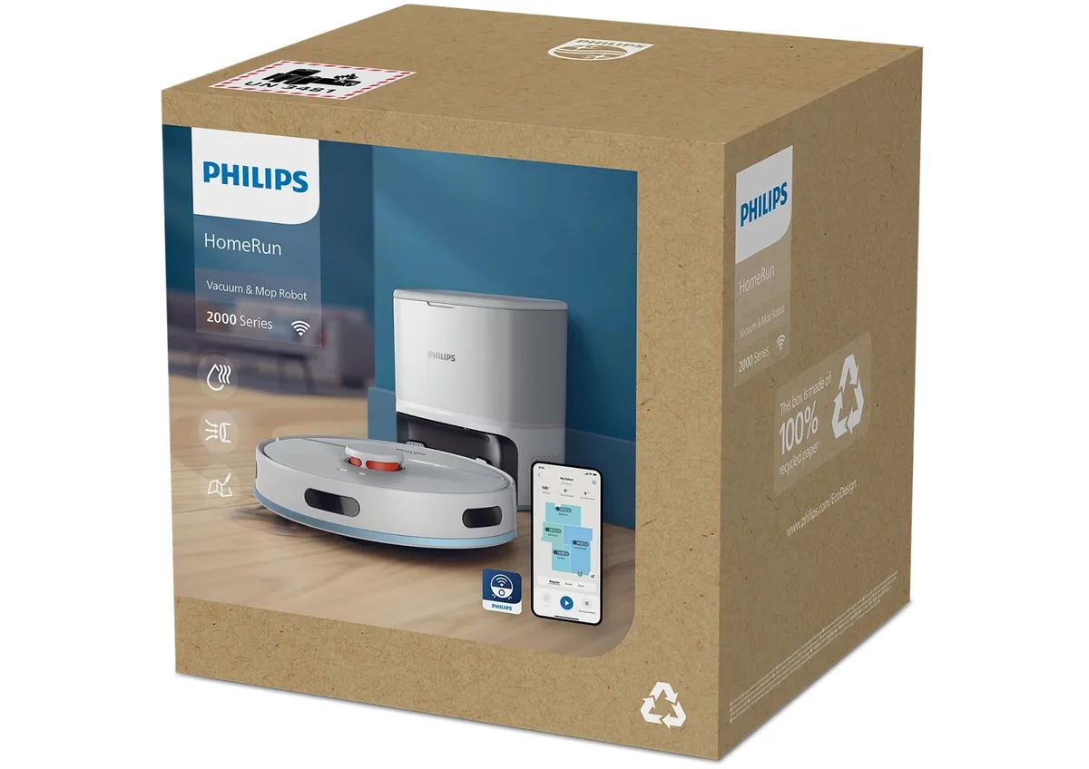 Робот-пилосос Philips Series 2000, висота 9.7 см, функція вологого прибирання, об'єм контейнера для бруду - 0.38 л, об'єм для води