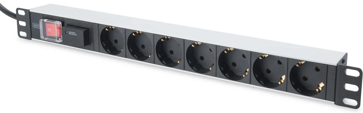 Устройство распределения электроэнергии DIGITUS 1U, 7xSchuko, 16A, 250V, выключатель, SPD, вилка Schuko.