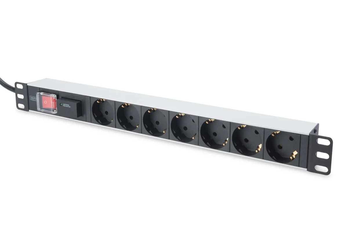Устройство распределения электроэнергии DIGITUS 1U, 7xSchuko, 16A, 250V, выключатель, SPD, вилка Schuko.