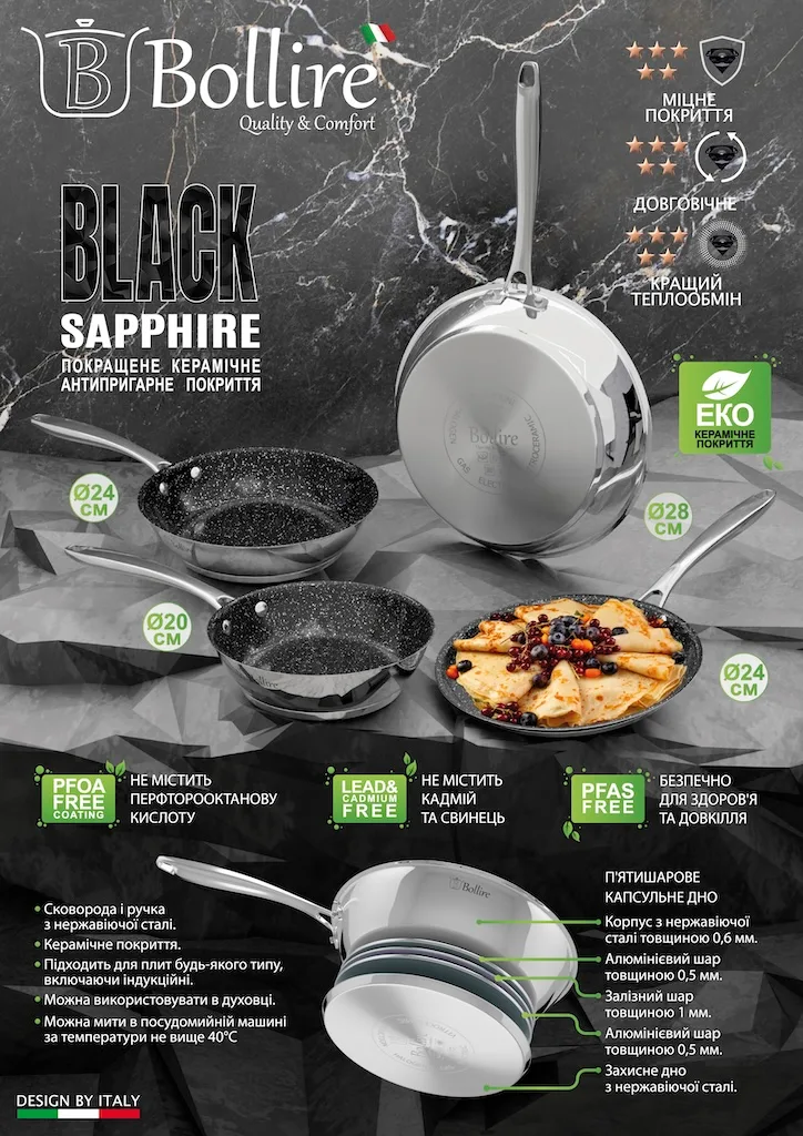 Сковорода BLACK SAPPHIRE BOLLIRE 24 см нержавіюча сталь антипригарна сталевий