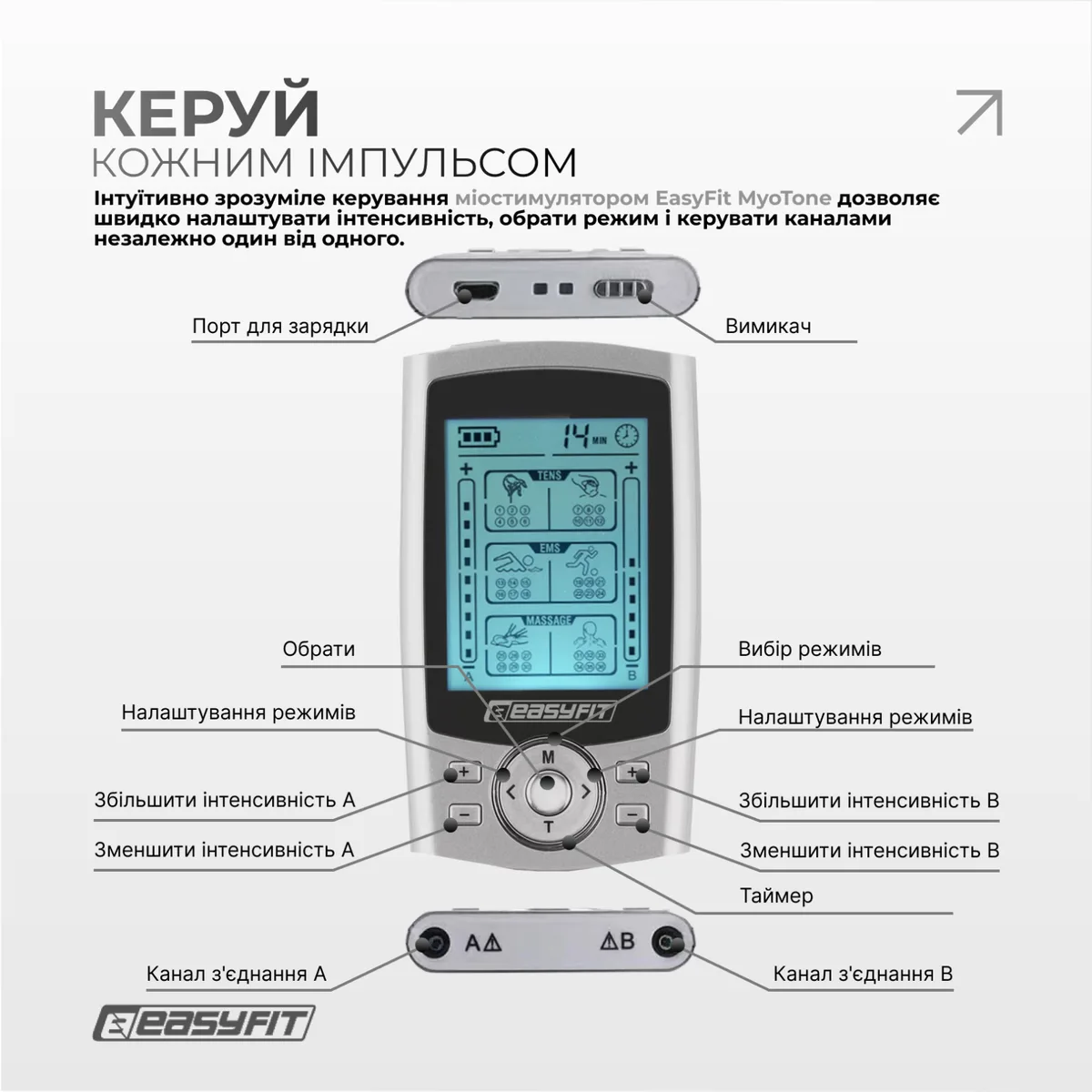 Миостимулятор EasyFit ABS 9,5х5,3х2 см Серебристый