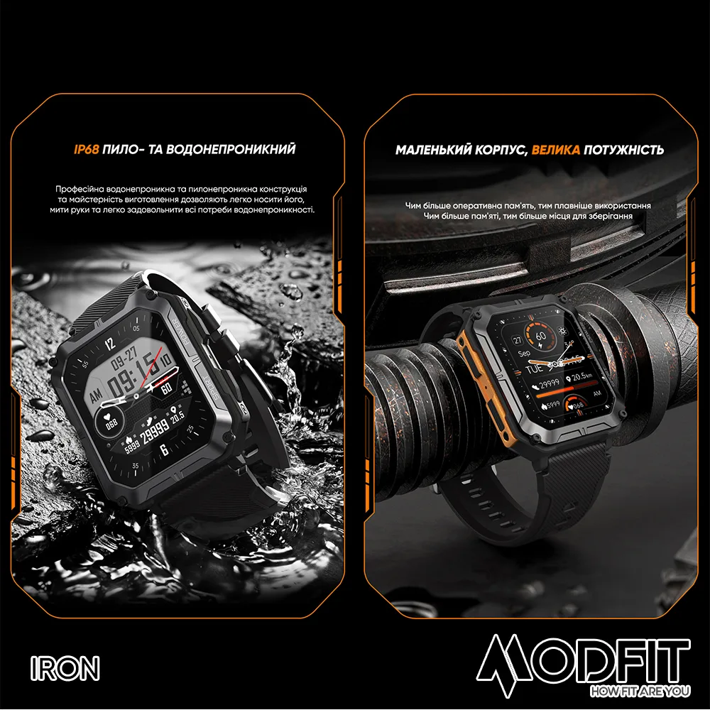 Розумні годинники Modfit полімер сталь 1,83 дюйма чорно-жовтогарячі