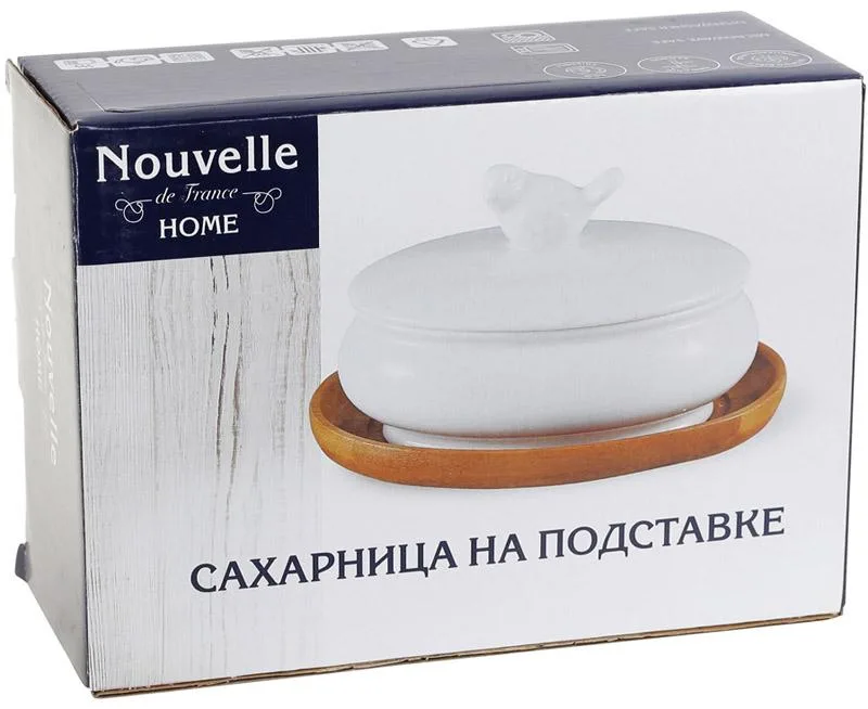 Сахарниця фарфоровая Nouvelle Home 250 мл біла на бамбуковій підставці