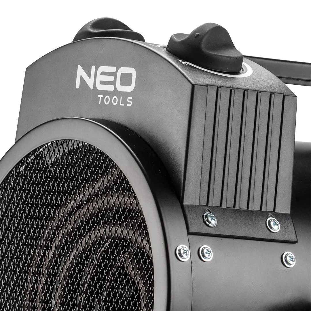 Электрическая теплогенераторная установка Neo Tools, мощность 2 кВт, обслуживает площадь до 50 м2, производительность 330 м3/ч, нагревательный элемент из нержавеющей стали, защита IPX4, черный цвет, модель 292