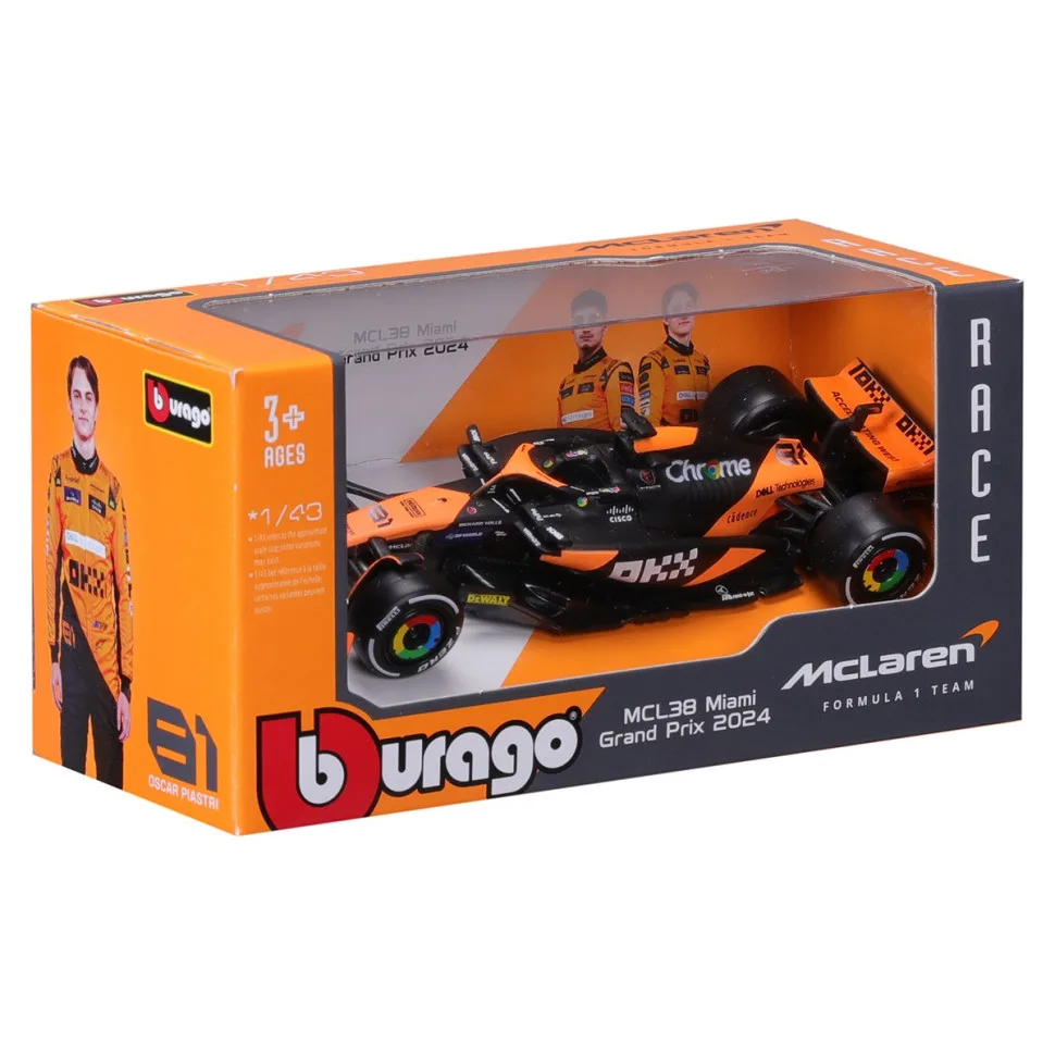 Автомодель Bburago металевий 1:43 чорно-жовтогаряча McLaren F1 MCL38 2024