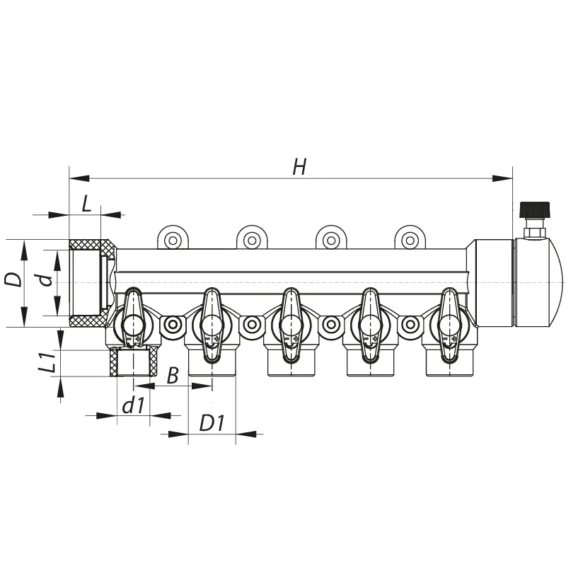 Коллектор 5-way KOER PPR 40x20 серый с шаровыми кранами для водоснабжения отопления