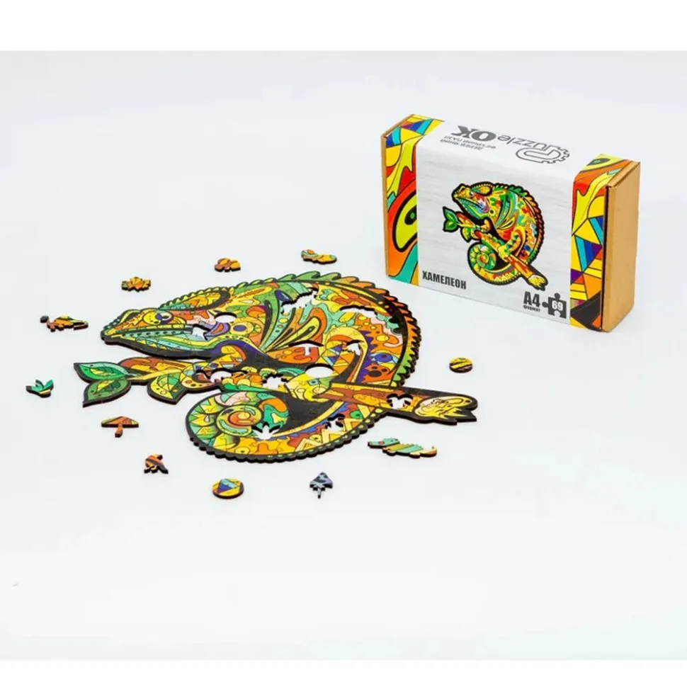 Фигурный деревянный пазл PuzzleOK 69 деталей A4 Хамелеон цветной