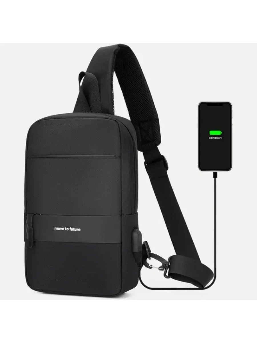 Сумка-слінг Weatro водонепроникна 31х21х7 см Чорна з USB роз'ємом