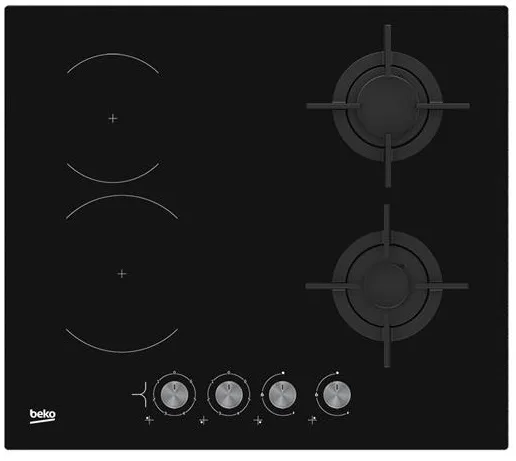 Комбінована варильна панель Beko (2 газові конфорки + 2 склокерамічні), 60 см, чорного кольору.