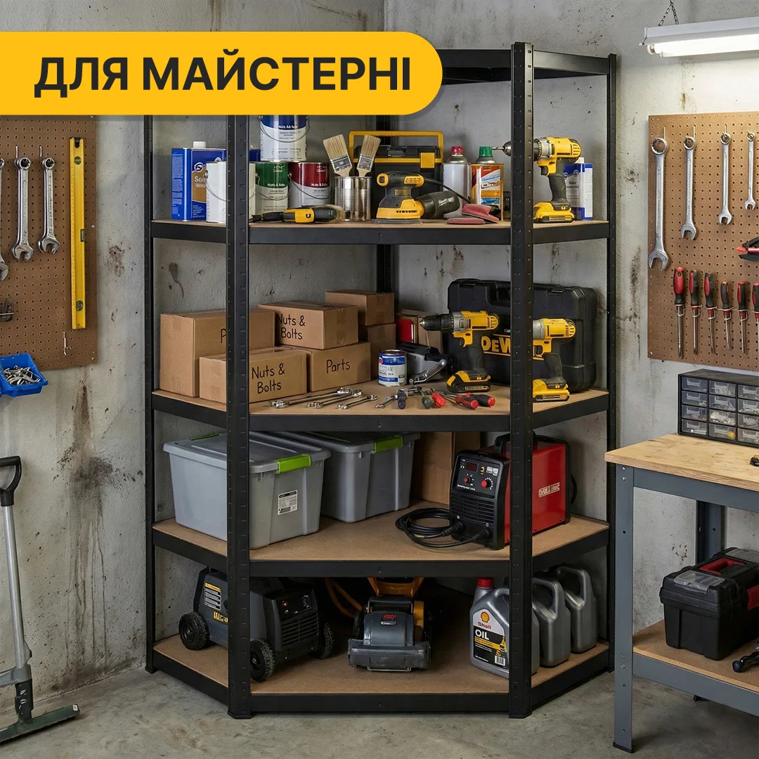 Кутовий стелаж LEOBRO сталь 180х90х40 см чорний 5 полиць 875 кг
