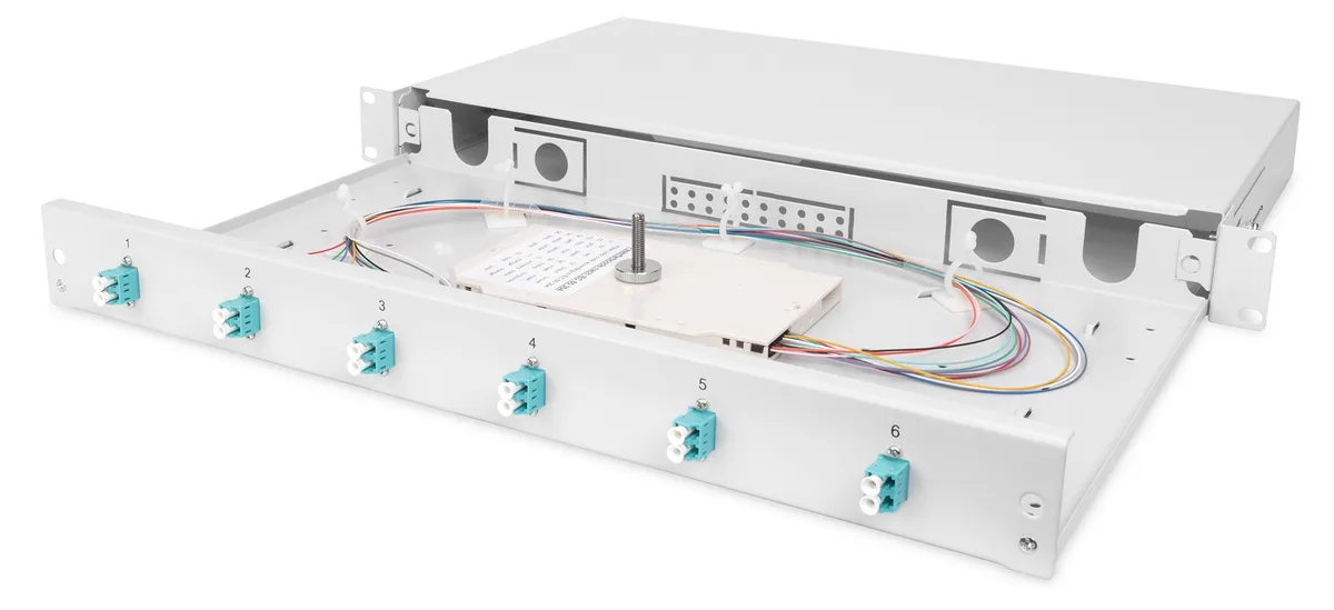 Оптична панель DIGITUS 19' 1U, 6xLC duplex, incl, Splice Cass, OM3 Color Pigtails, Adapter
