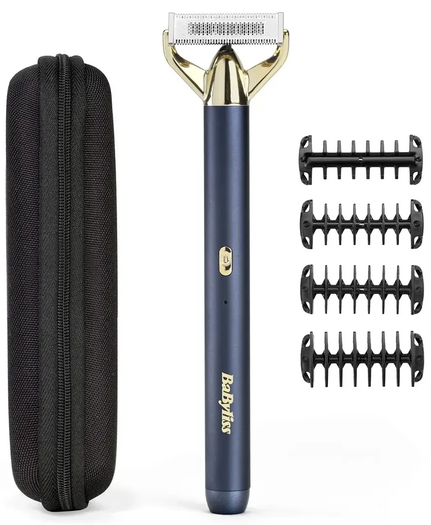Тример Babyliss X-Blade Super-X Metal для бороди та вусів, акумуляторний, 4 насадки, кейс, підставка, сталь, синій.