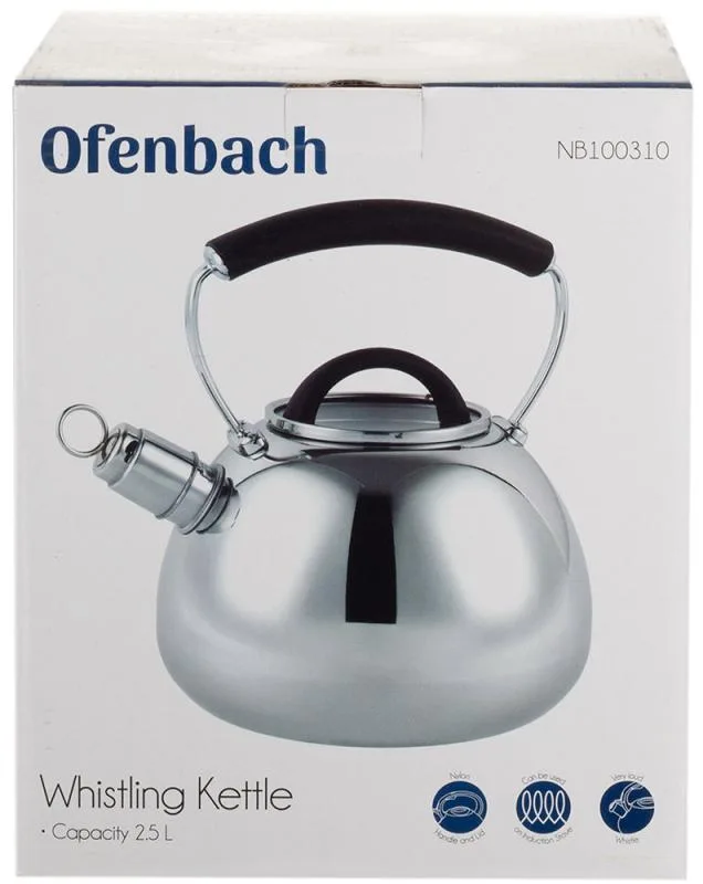 Чайник Ofenbach нержавеющая сталь 2,5 л чёрный со свистком и стеклянной крышкой