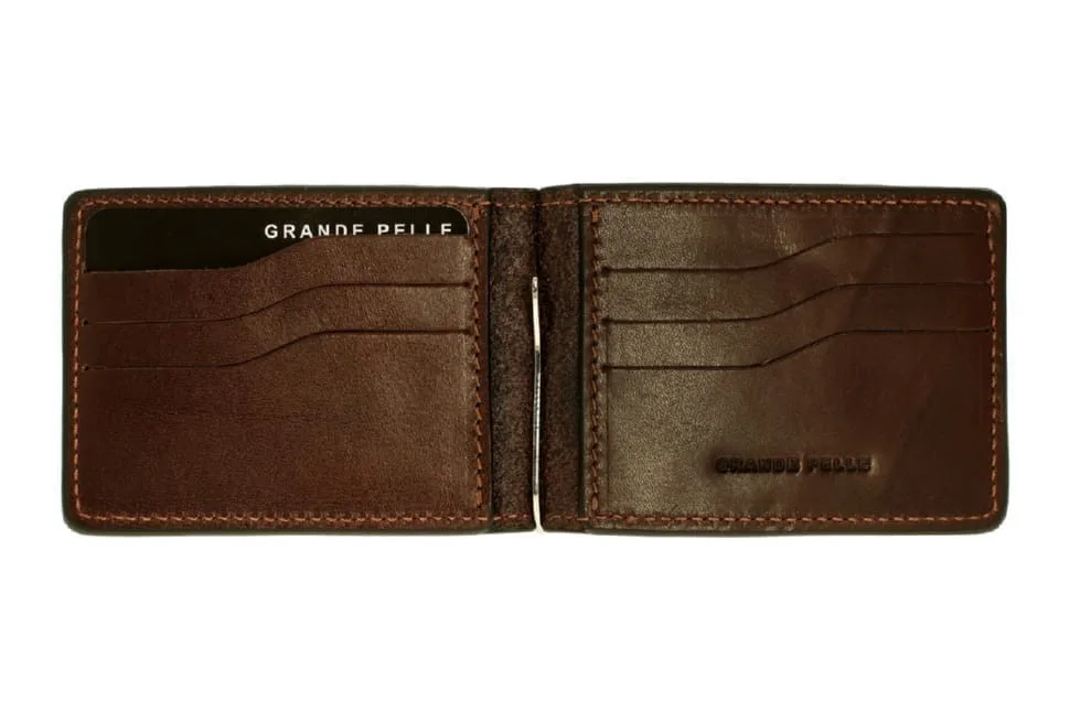 Зажим для купюр Grande Pelle Onda из глянцевой телячьей кожи шоколадный кошелек для денег и карт