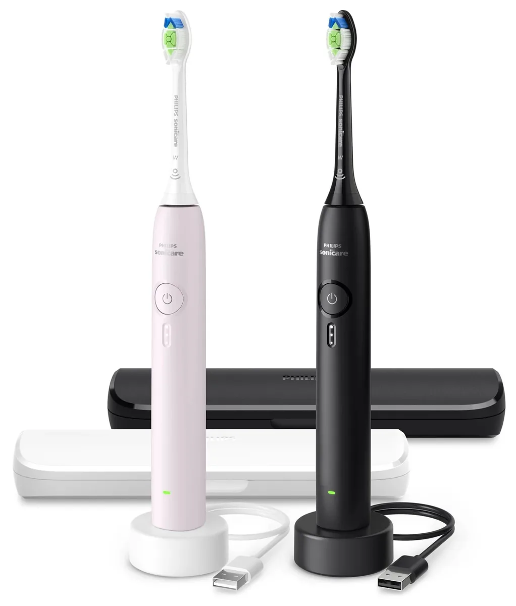 Електрична зубна щітка Philips Sonicare 3100 серії, комплект з 2 штук, чорний і рожевий кольори.
