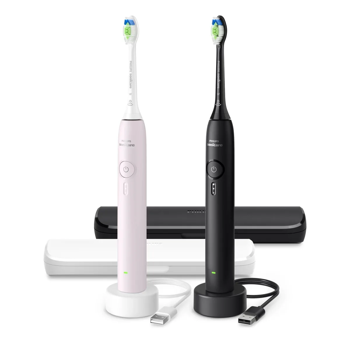 Електрична зубна щітка Philips Sonicare 3100 серії, комплект з 2 штук, чорний і рожевий кольори.