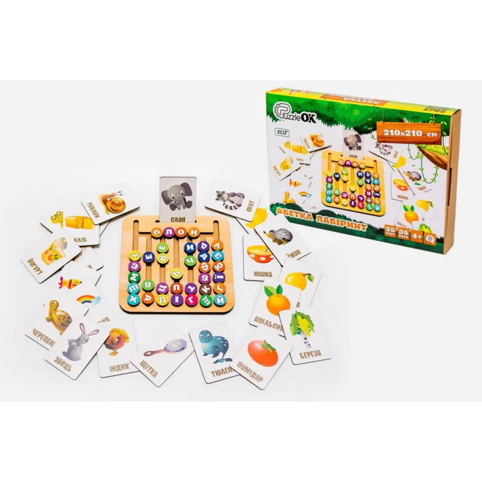 Деревянная игрушка Монтессори PuzzleOK Азбука лабиринт 25 карт 35 букв натуральное дерево