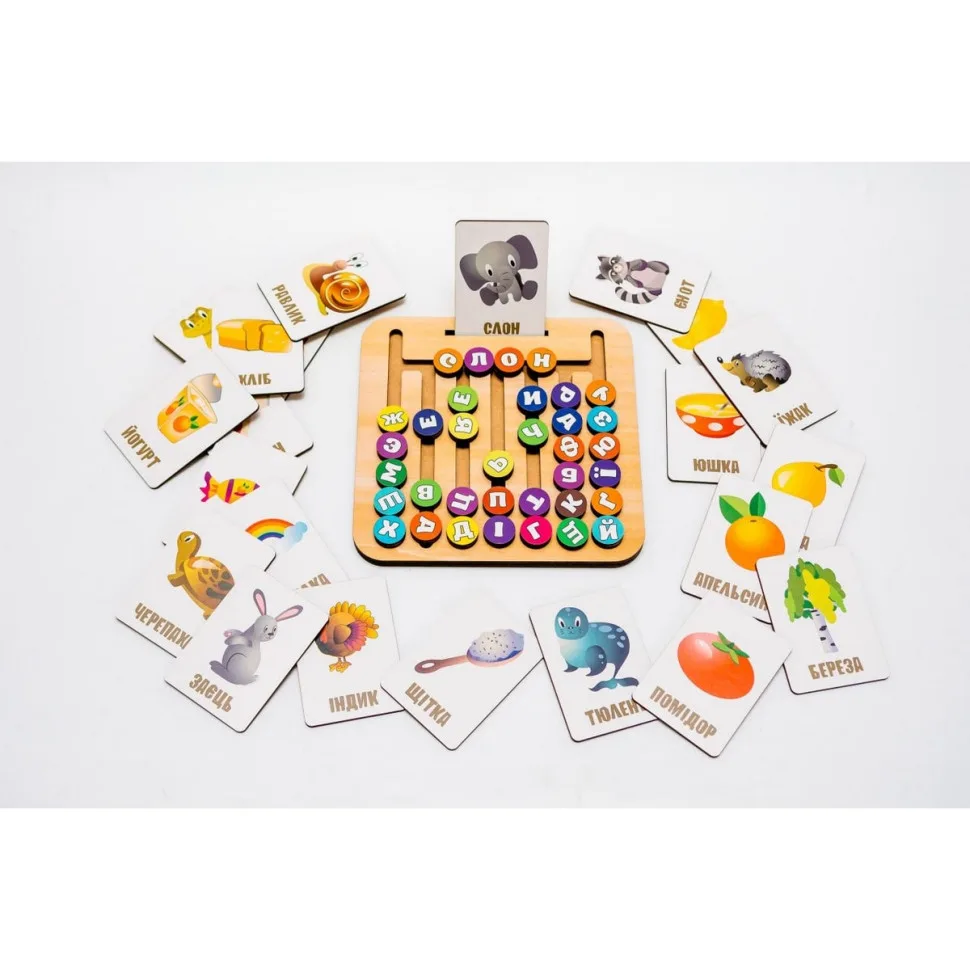 Деревянная игрушка Монтессори PuzzleOK Азбука лабиринт 25 карт 35 букв натуральное дерево