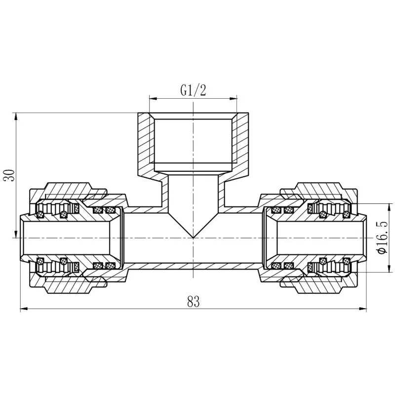 Трійник обтискний 16x1/2"x16 латунь нікельований