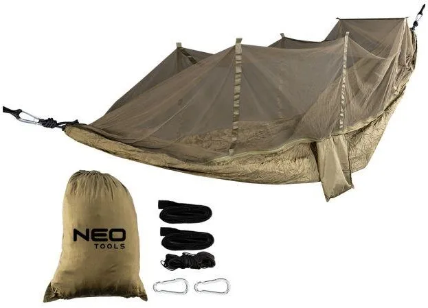 Гамак Neo Tools, з москітною сіткою, матеріал нейлон 210T, 330x140см, до 200кг, шнури, сумка для перенесення, зелений