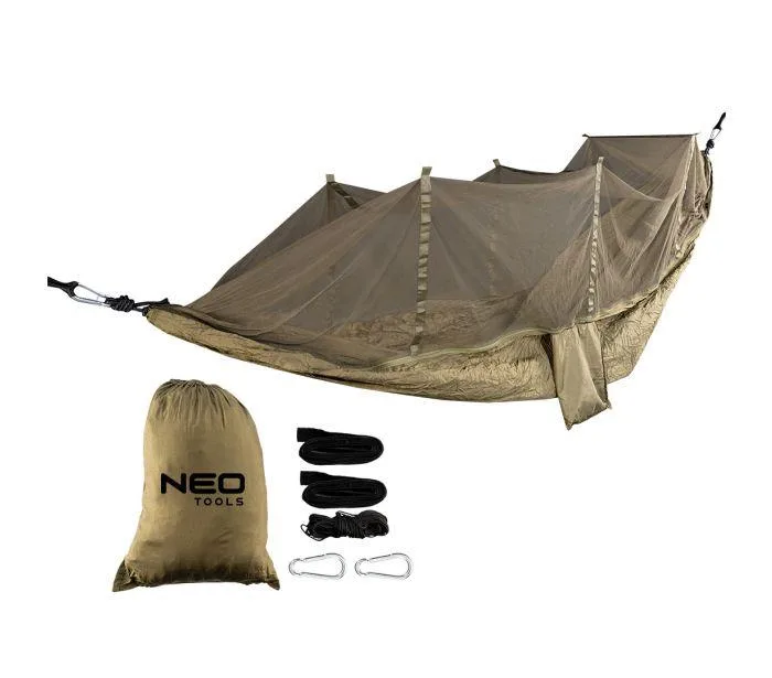Гамак Neo Tools с москитной сеткой, материал нейлон 210T, 330x140 см, до 200 кг, шнуры, сумка для переноски, зеленый.