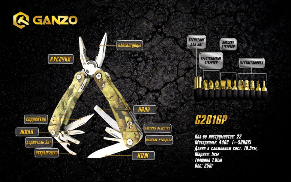 Мультитул Ganzo 440C 10,5х5х1,8 см Камуфляж 22 функції
