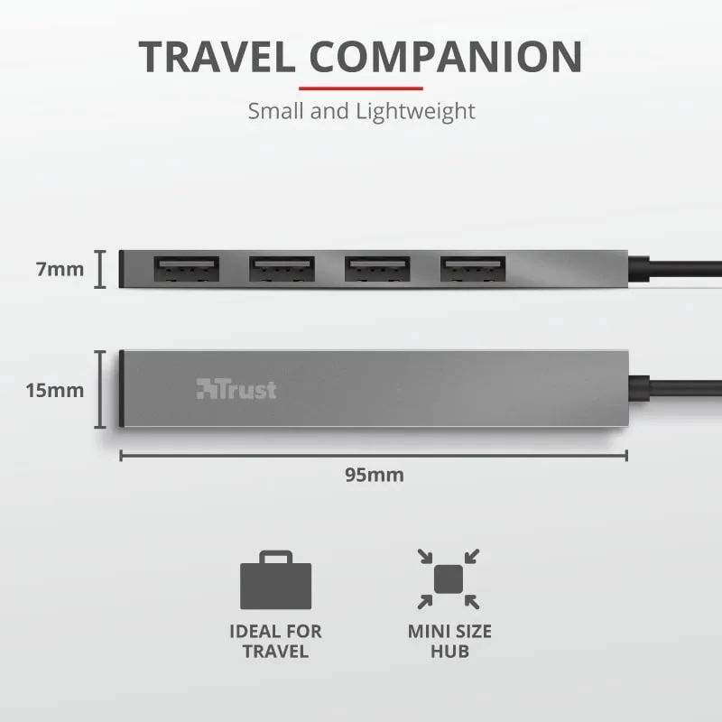 Хаб Trust Halyx USB-A > 4xUSB-А, Алюміній, 0.1м, Сірий