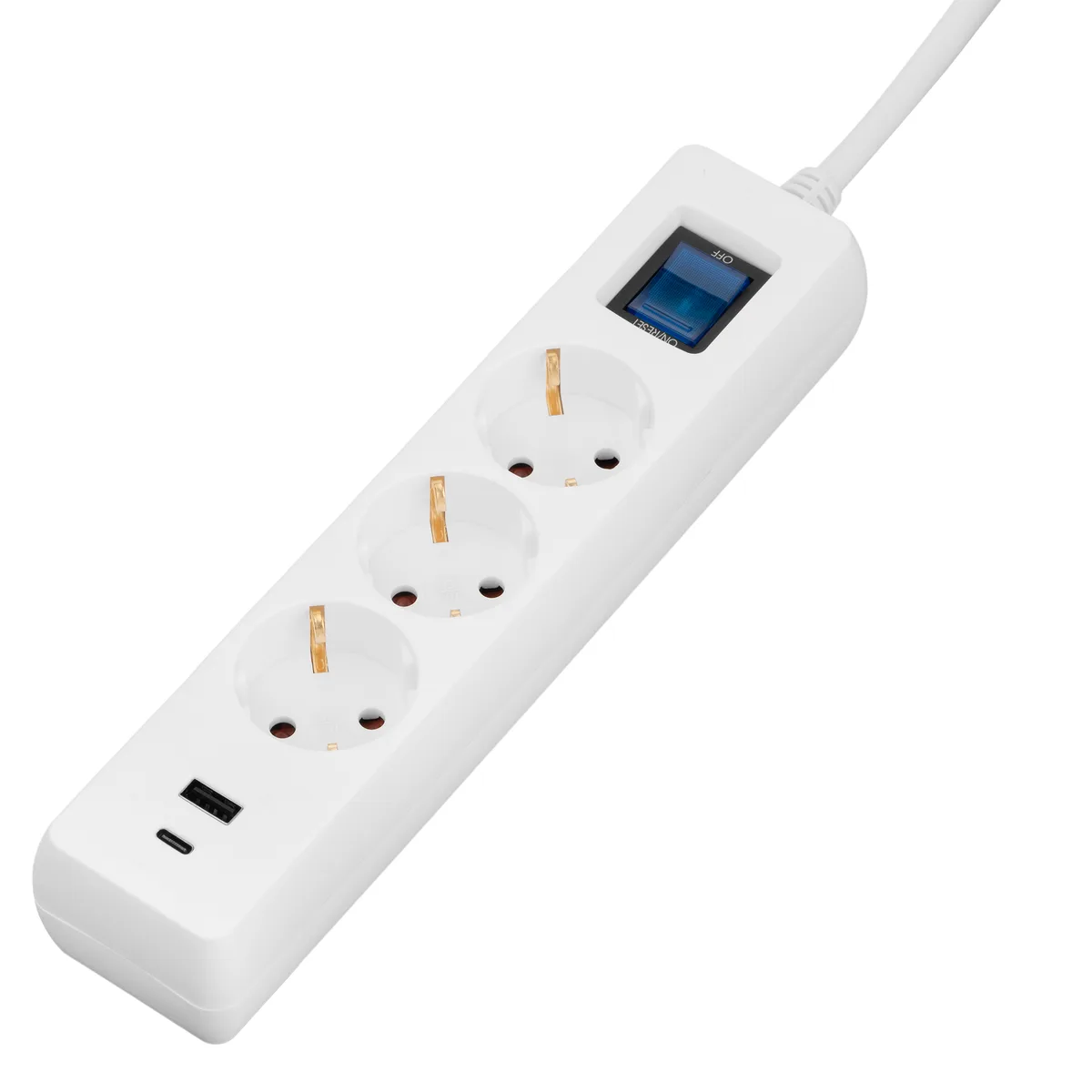 Подовжувач мережевий 2E 3м, 3xТипF, 16A, 1xUSB-A,1xUSB-C, фільтр, білий