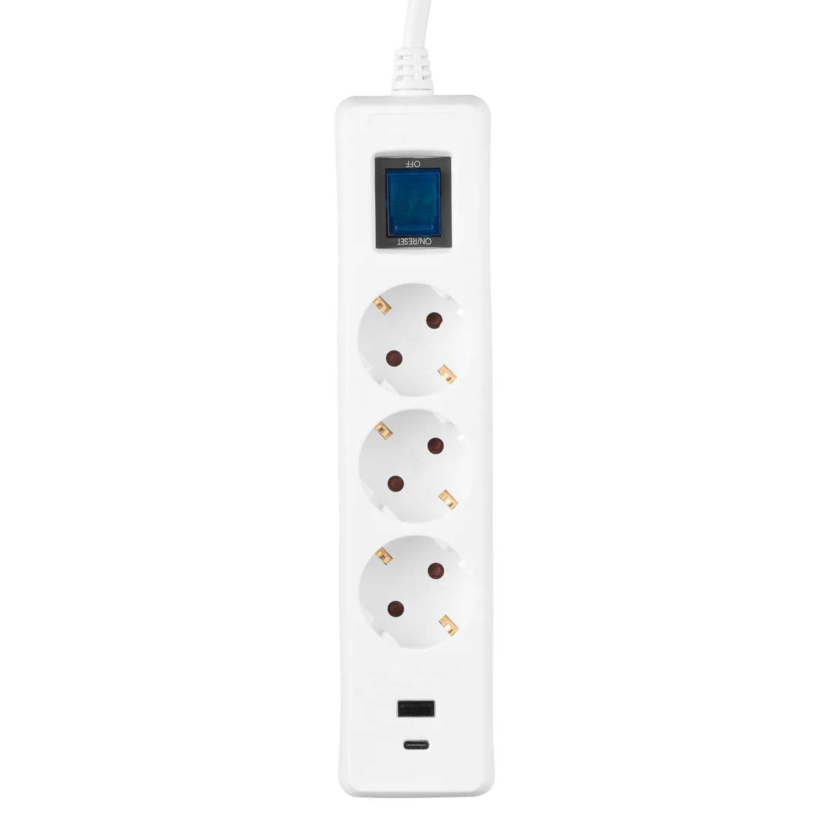 Подовжувач мережевий 2E 3м, 3xТипF, 16A, 1xUSB-A,1xUSB-C, фільтр, білий