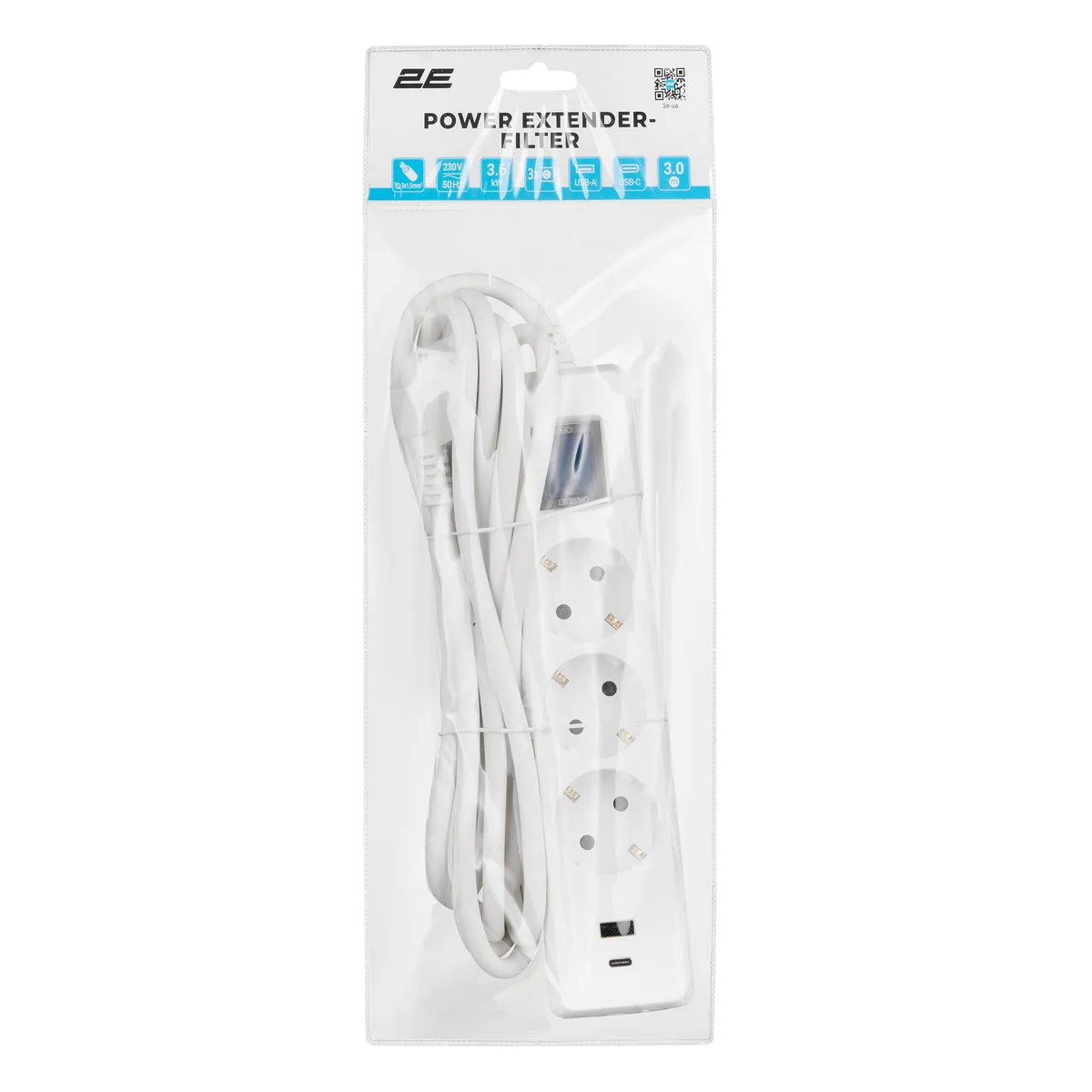 Подовжувач мережевий 2E 3м, 3xТипF, 16A, 1xUSB-A,1xUSB-C, фільтр, білий