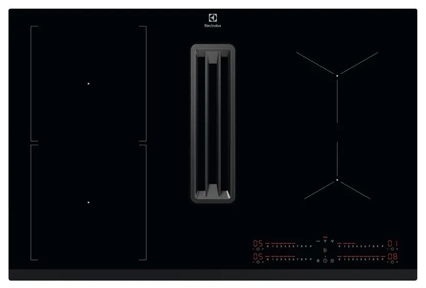 Індукційна варильна поверхня Electrolux, 80 см, з розширеною зоною та вбудованою витяжкою, чорного кольору.