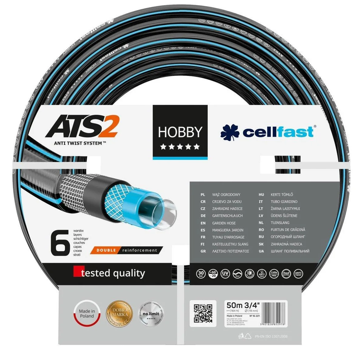 Шланг для саду Cellfast HOBBY ATS 3/4' 50м, 6 шарів, витримує тиск до 30 бар, температурний діапазон -20...+60°C.