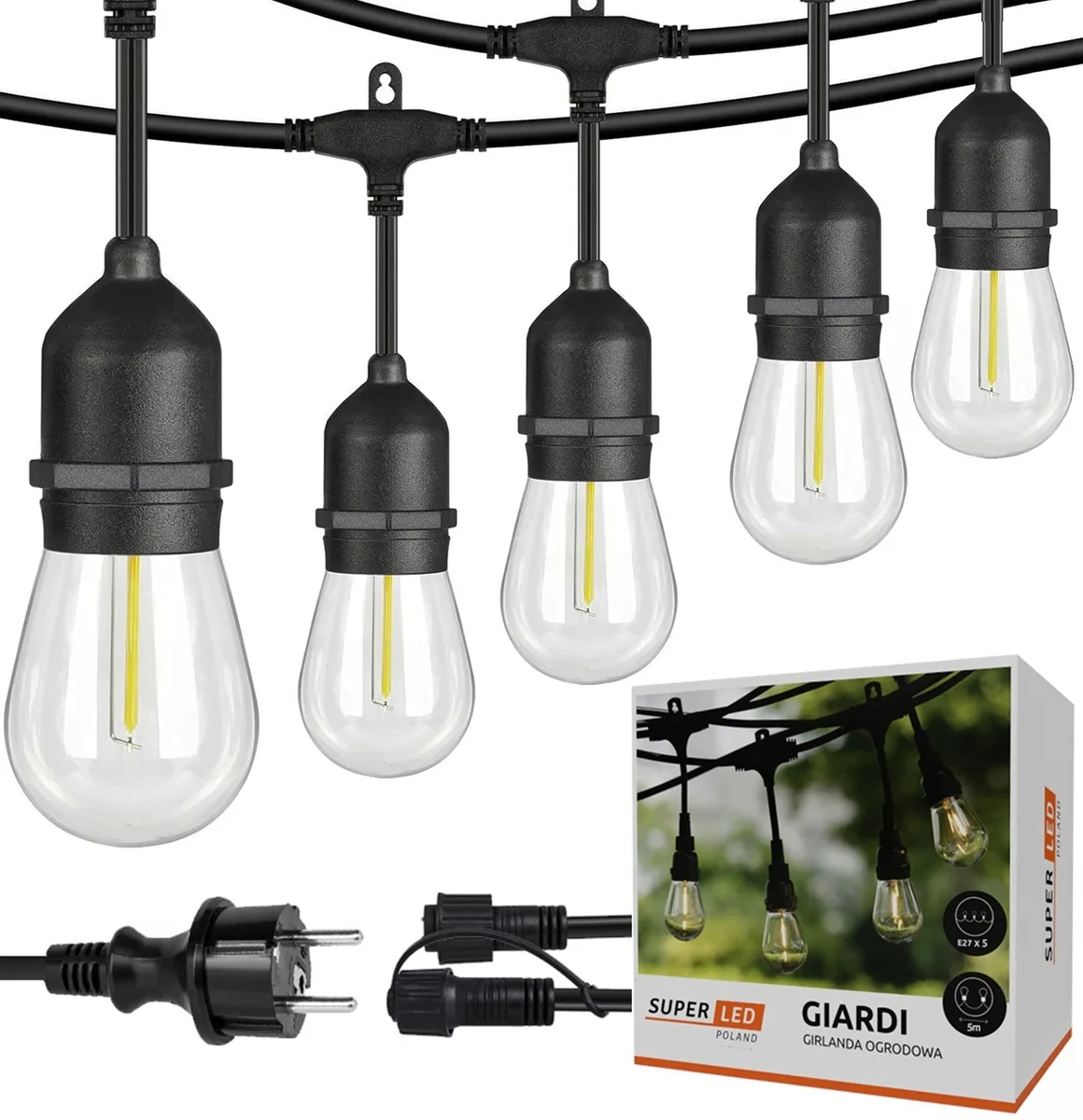 Садова гірлянда SuperLED чорна 5м з 5 LED-лампами E27