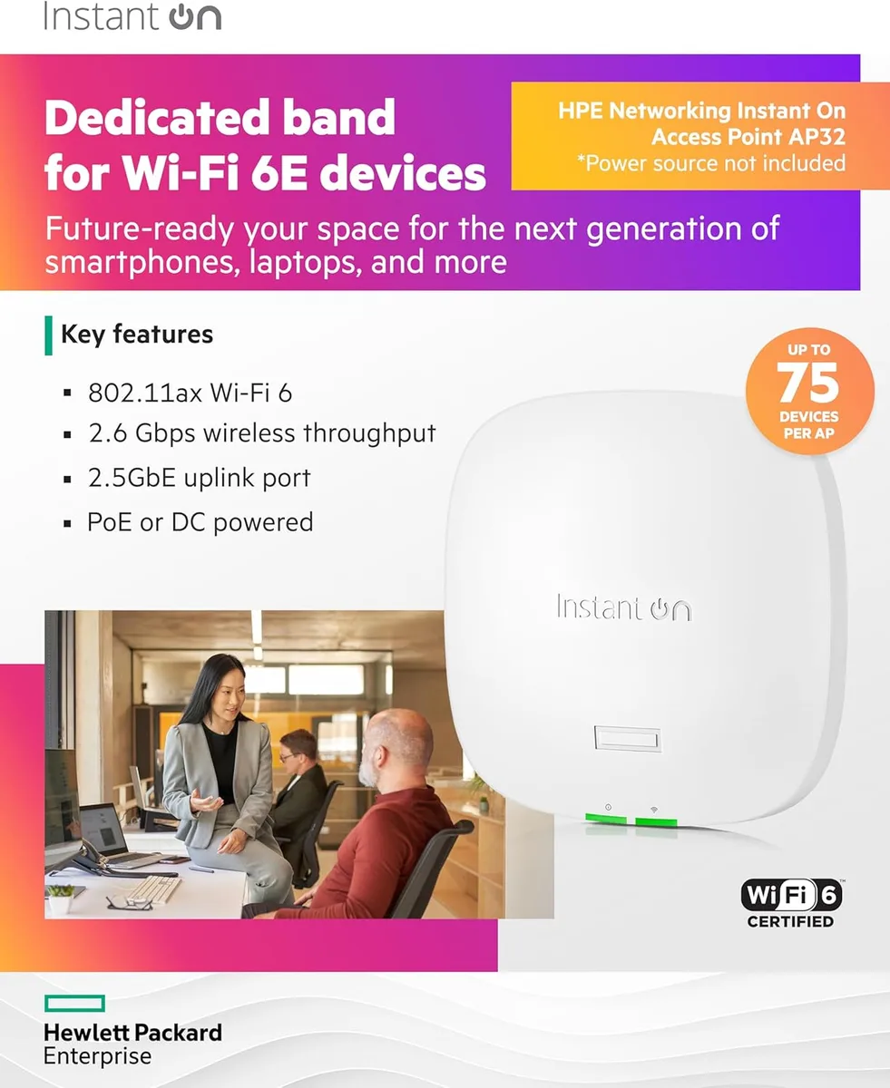 Точка доступу HPE Aruba Instant On AP32, DR2x2:2, Wi-Fi 6E, 1x2.5GE port, RND75, Indoor