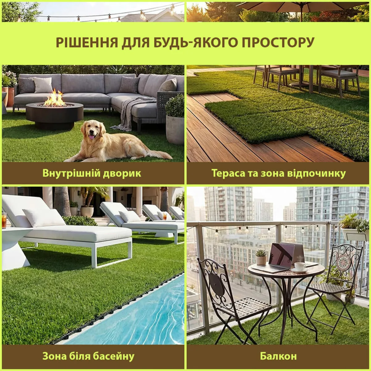Модульна плитка з штучною травою 300х300х25 мм PE+PP Зелена