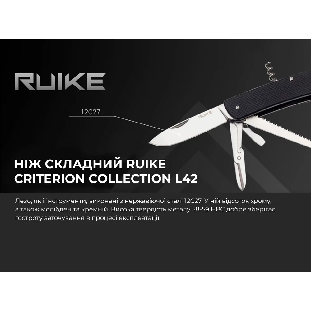 Багатофункціональний ніж Ruike сталь Sandvik 12C27 85 мм чорний