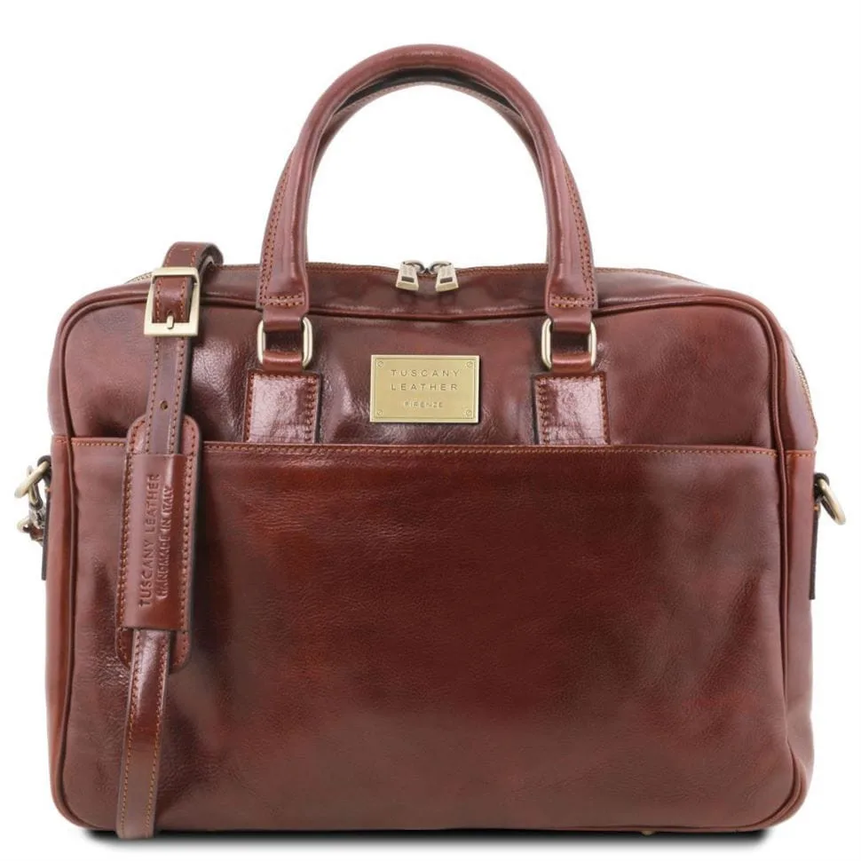 Кожаний портфель для ноутбука Tuscany Leather коричневий з переднім карманом сумка для роботи та навчання.