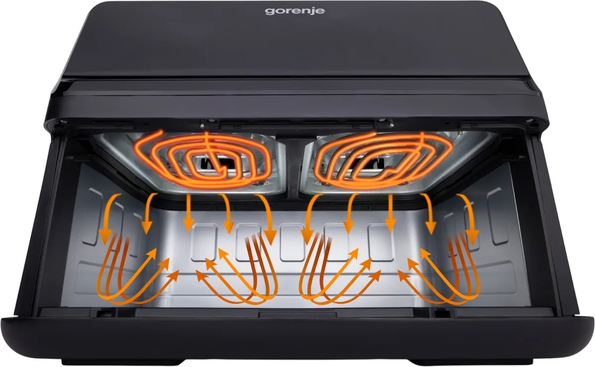 Мультифункціональна піч Gorenje 2700Вт, об'єм чаші 9л, сенсорне управління, 8 автоматичних програм, пластиковий корпус, чорний кол